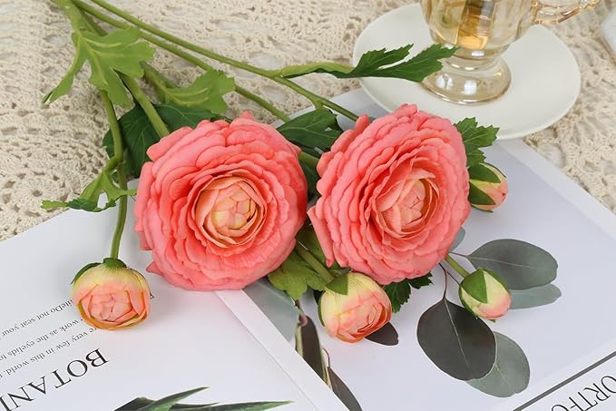IPOPU 4PCS Real Touch Ranunculus Artificial Flowers Faux Ranunculus Flowers for Vases Real Look Silk Peonies Fake Peony Flowers for Home Indoor Wedding Centerpieces for Table Decorations (Orange)