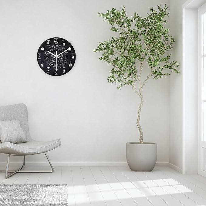 XNM Black Wall Clock for Living Room Round Glass Chemical Clock Battery Operated 14 Inch Analog Large Clocks for Walls
