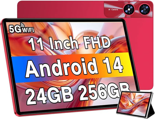 Tablet 11 inch Android 14 Tablets, 24GB+256GB+1TB Expand, Android Tablet with 8000mAh, Octa-Core, 13MP+5MP Camera, IPS Touchscreen, 5G WiFi, BT5.0, Widevine L1, GPS - Metal Red