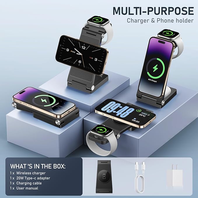 Magnetic Wireless Charger Stand, 3 in 1 Foldable Wireless Charging Station with 20W Adapter, Travel Charger for Multiple Devices for iPhone 17 16 15 14 13 12 Pro/Max/Plus/Mini, iWatch, AirPods