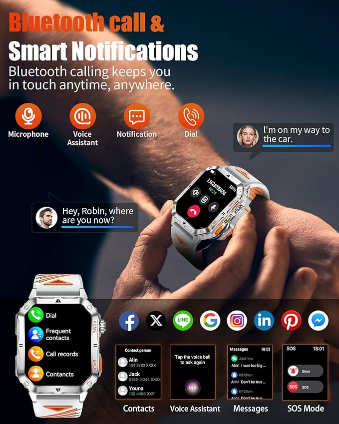 Military Smart Watch for Men, 2.01'' Fitness Tracker with 1200mAh Long Battery Life, Bluetooth Calls, Flashlight, IP68 Waterproof, Heart Rate/Sleep Tracking, 100+ Sports Modes for Android iPhone