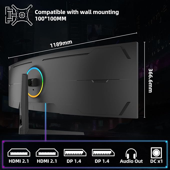 49 Inch Curved Ultra Wide Gaming Monitor, 4K (3840x1080P), 144Hz/165Hz 1500R, 32:9125% sRGB, FreeSync, Height Adjustable Screen Monitor, HDMI 2.1 And DP 1.4, Supports Wall Mounted Installation