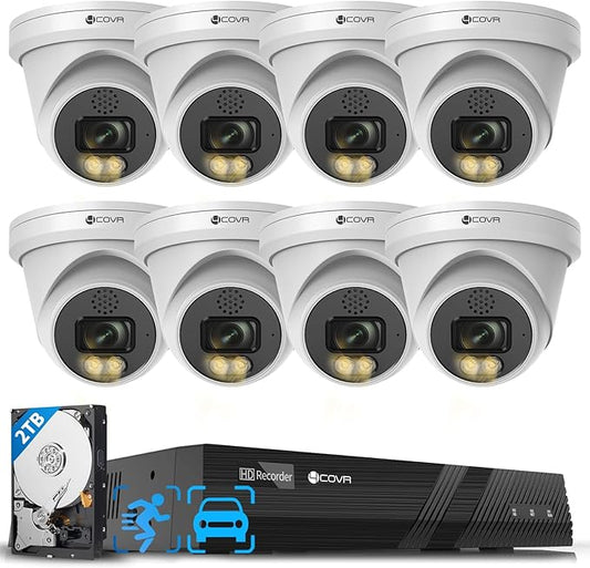 4COVR 4K Home Security Camera System, 2 Way Audio Talk & Smart Color Night Vision, 8X 8MP IP67 PoE IP Dome Camera, 8CH H.265 NVR 2TB HDD, AI Human Vehicle Detection, 24/7 Recording, LY97KA8M0808