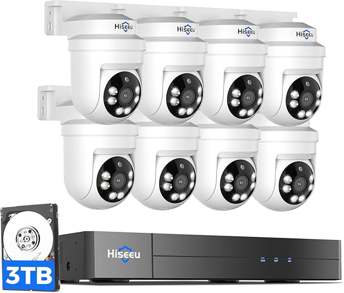 Hiseeu 3K PTZ Wired Security Camera System Outdoor with Color Night Vision,Audio,8 x 5MP IP67 CCTV Cameras,5MP DVR 8CH,360°Coverage,Person/Vehicle Detection,Alarm Spotlight,3TB HDD,24/7 Recording