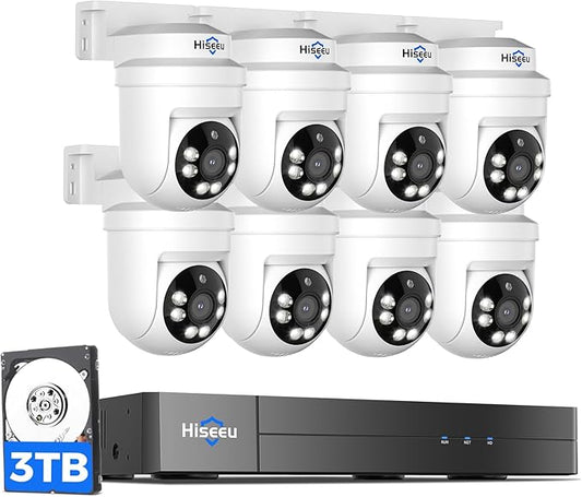 Hiseeu 3K PTZ Wired Security Camera System Outdoor with Color Night Vision,Audio,8 x 5MP IP67 CCTV Cameras,5MP DVR 8CH,360°Coverage,Person/Vehicle Detection,Alarm Spotlight,3TB HDD,24/7 Recording