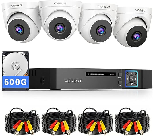 Security Camera System with 500GB HDD, 4pcs Wired Surveillance CCTV Dome Cameras for Indoor Outdoor, 4CH AHD TVI 5MP Lite DVR Recorder, Smart Motion Detection, Night Vision, Waterproof
