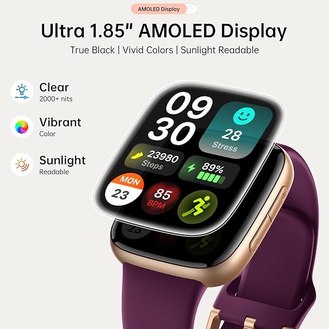Latest Smart Watches for Women & Men - Performance Upgraded, 1.85-inch AMOLED HD Display (390x450), 12-Day Battery Life, 3ATM Waterproof (30m), Call, Health Monitoring, Fitness Tracker (D-Purple)