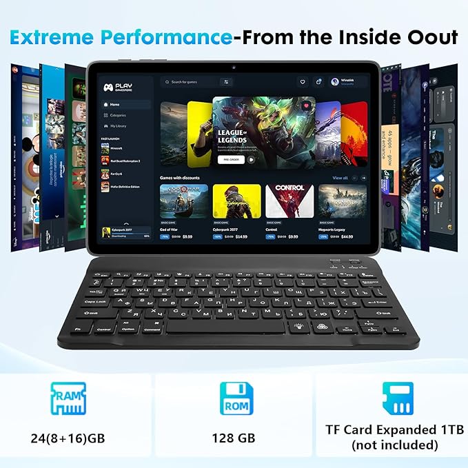 10 Inch Tablet, Android 15 with 24GB RAM + 128GB ROM (1TB Expandable), Octa-Core, 1280x800 IPS HD Touchscreen, 5MP+8MP Dual Camera, 6000mAh, Tablet with Keyboard, Mouse, Widevine L1(Gray)