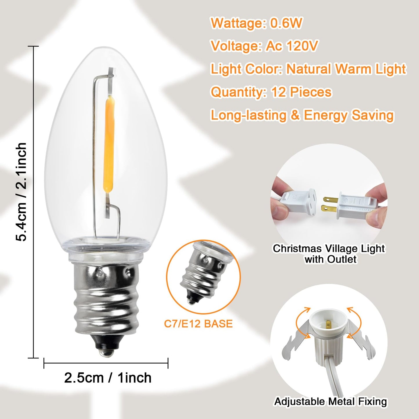 Wltotuay C7 LED Light Bulb Cord Clip Lights, 12 Bulbs, Brass, White, Model 6LED for Christmas and Party Decorations