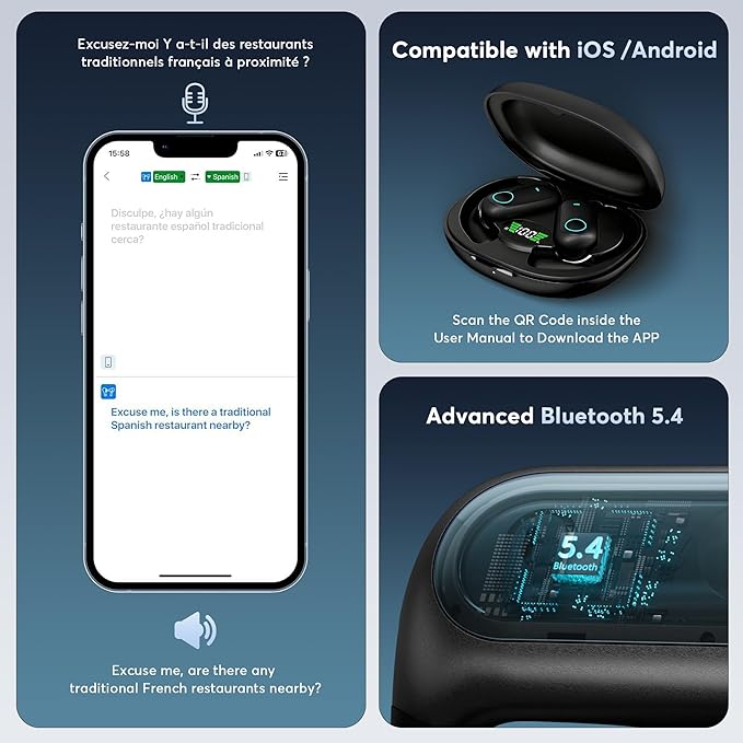Translation Earbuds,Open Ear Headphones with Real-Time 168 Language,Bluetooth 5.4 Earphones with 400mAh Charging Case,Wireless Earbuds with HD Calling,Stable Connection,50H Long-Lasting Battery