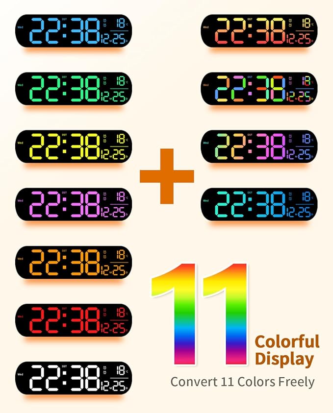 14" Large Digital Wall Mount Clock, Count Down Timer, Alarm, Big LED, 11 RGB Color, Temperature for Living Room Classroom Desk, Xmas, Birthday Gift for Senior Mom Dad (Oval)