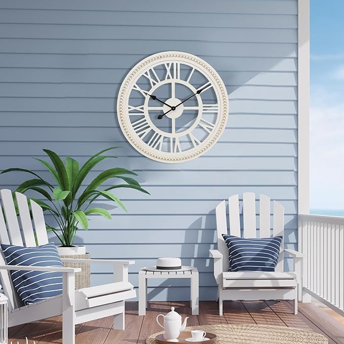 RiteSune 24 Inch Large Farmhouse Wall Clock, Rustic Wall Clock Decor, Wooden, Non-Ticking, Easy to Hang for Living Room, Bedroom, Kitchen