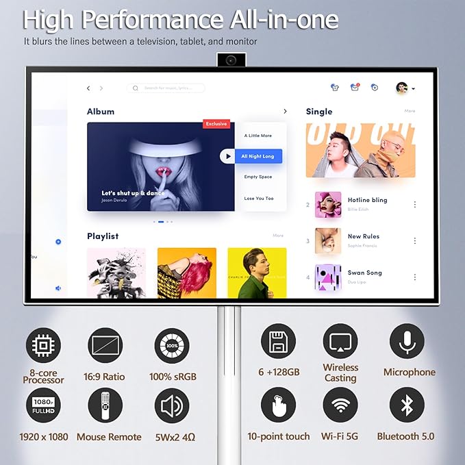 OFD 27 In Portable TV on Wheels 2nd Gen 1080P,Android 15 OS,6GB RAM+128GB ROM,100%sRG Swivel Rotation Smart Touchscreen,Rolling TV with 4K Webcam,USB-A-Remote,9000mAh Battery,EDLA-Certified,Off White