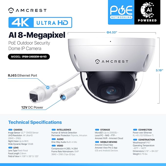 Amcrest 2-Pack UltraHD 4K (8MP) Dome POE IP Camera, 3840x2160, 98ft NightVision, 2.8mm Lens, IP67 Weatherproof, IK10 Vandal Resistance, MicroSD Recording, White (IP8M-2493EW-AI-V3)