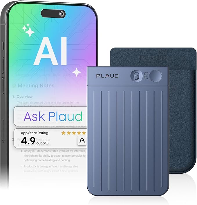 Plaud Note AI Voice Recorder, AI Note Taking Device, Transcribe & Summarize, Support 112 Languages, 64GB Navy Blue Digital Audio Recorder for Lectures, Meetings, Calls, Dark Blue Case, Non-Pro Version