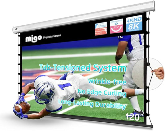 MIGO 120 Inch Projector Screen Pull Down, 2.0 Gain 4K HD Tab-Tension Motorized Partial Ambient Light Projector Screen Wall/Ceiling Mount for Short Throw Projector Indoor Home Theater Cinema Office