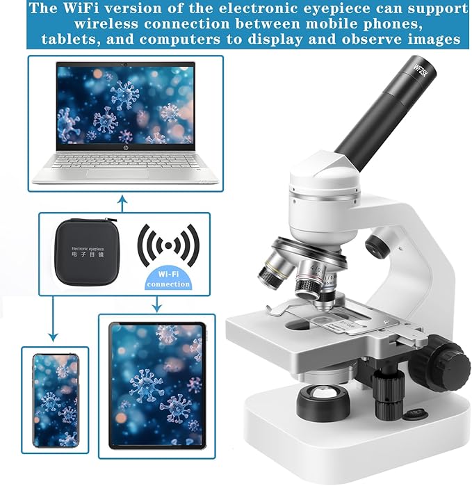 Microscope 40x-2000 Times Magnification, Upper and Lower LED Lights, Double-Layer Stage, Primary and Secondary School Students, Children's Composite Microscope (WiFi Electronic Eyepiece)