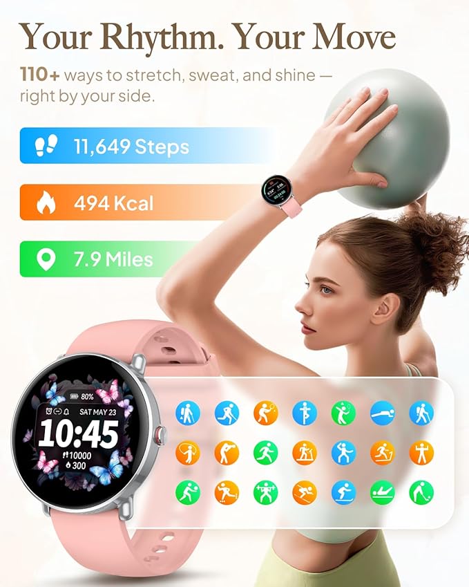 Smart Watch for Women Men, for Android iOS with Sleep & Calorie Monitor, Pedometer Fitness Tracker, Bluetooth Call, IP68 Waterproof, 112+ Sport Modes Round Face Smartwatch (Modern, Baroque Pink, 1.39)