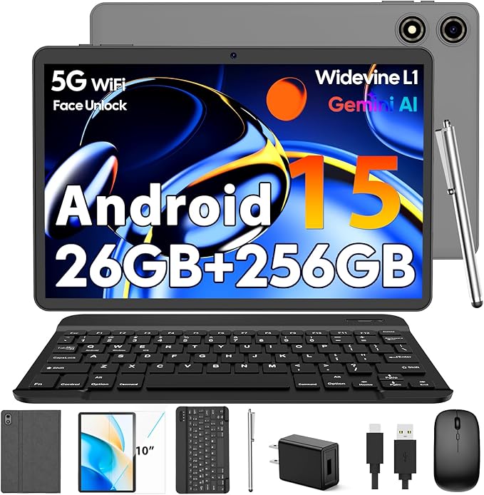 10 Inch Android 15 Tablet with Keyboard, 26GB RAM+256GB ROM(2TB Expand), 2-in-1 Tablet with 8000mAh Battery, 2.4G/5G WiFi, Widevine L1, Dual Camera, Split Screen, Mouse, Stylus, Case(Silver Case)