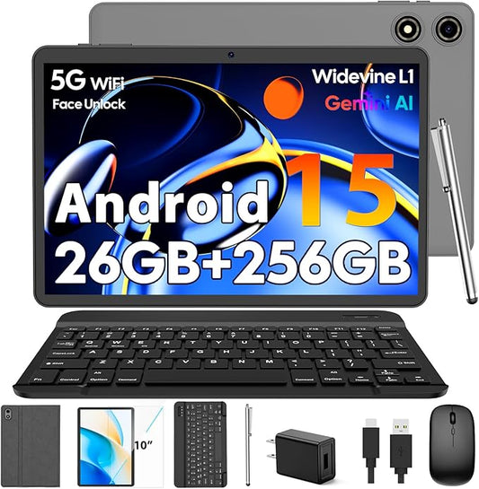 10 Inch Android 15 Tablet with Keyboard, 26GB RAM+256GB ROM(2TB Expand), 2-in-1 Tablet with 8000mAh Battery, 2.4G/5G WiFi, Widevine L1, Dual Camera, Split Screen, Mouse, Stylus, Case(Silver Case)