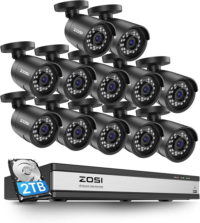 ZOSI H.265+ 1080p 16 Channel Home Security Camera Outdoor Indoor, 16CH CCTV DVR with AI Human Vehicle Detection and 12 x 1080p Surveillance Bullet Camera, 100ft Night Vision, 90° View Angle, 2TB HDD
