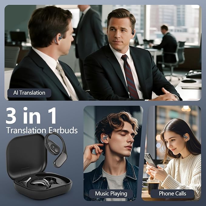 AI Translation Earbuds Real Time, 3-in-1 Translator Earbuds 164 Languages & Accents, Audifonos Traductores Inglés Español,Open Ear Wireless Headphones with Charging Case fit iOS & Android