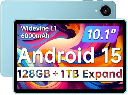 Tablet, Android 15 Tablets with 10.1 inch HD Display, 128GB Storage 1TB Expand, Octa-Core Processors, 6000mAh, Widevine L1, GPS, Dual Camera, WiFi 5, BT5.0 (Blue)