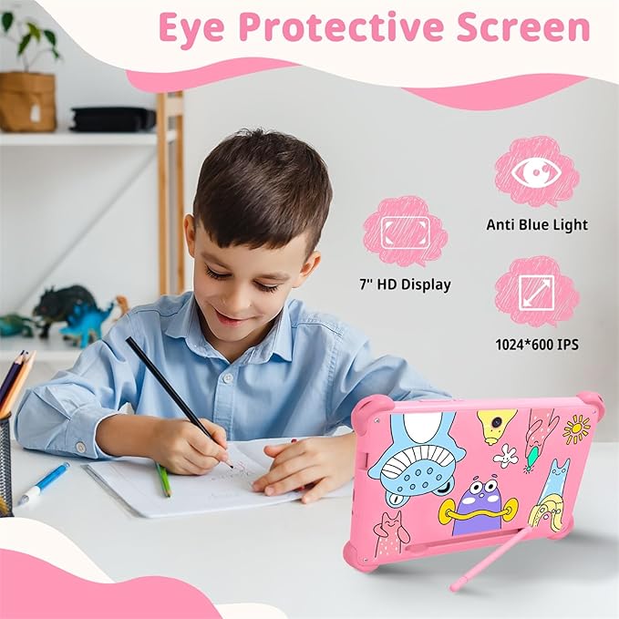 okulaku Kids Tablet, 7 inch Tablets for Kids 3-12, Toddler Tablet with Stand Case, 32GB Child Learning Computer Tablets with WiFi for Boys Girls, IPS Screen, Parental Control, GMS, YouTube (Pink)