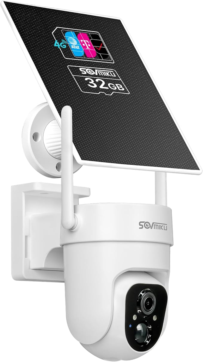 Sovmiku CQ3 4G LTE Cellular Security Camera Wireless Outdoor, $14.9/Month for Unlimited Data, Easy to Setup, IP65 Waterproof, No Wi-Fi Surveillance Cam Two Way Audio, Color Night Vision, 32GB Included