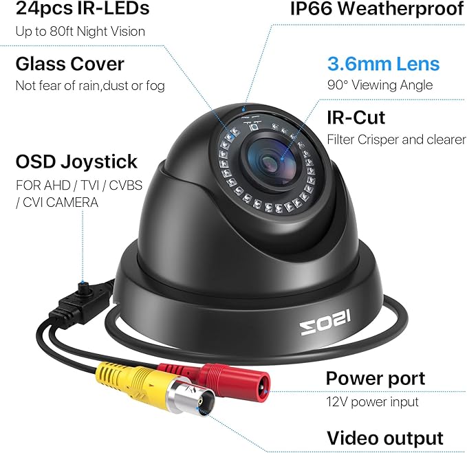 ZOSI 2.0MP FHD 1080p Dome Camera Housing Outdoor Indoor (Hybrid 4-in-1 CVI/TVI/AHD/960H Analog CVBS),24PCS LEDs,80ft IR Night Vision,CCTV Security Camera with 105° Wide Angle