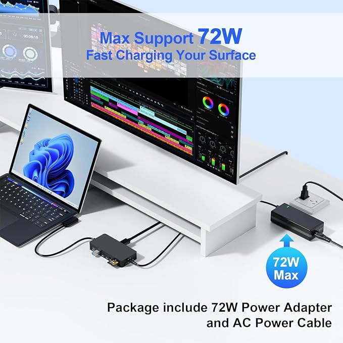 Surface Docking Station, 12-in-1 Surface Dock Triple Displays Dual HDMI 4K@60HZ+VGA, Surfac-e Pro Docking Station with Power Supply for Surfac Pro 11/10/9/8/X/7/6/5/4/3, Book, Laptop, Go Dock