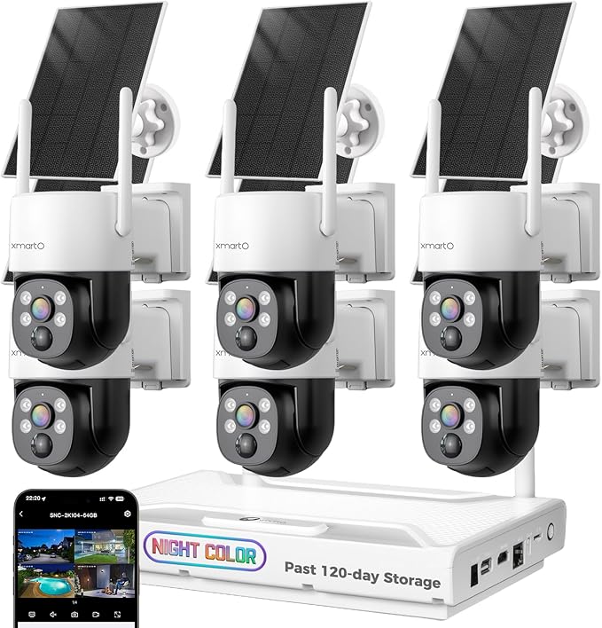 [Night Color] XMARTO 10CH 6Pcs 2K HD Wireless Solar Security Camera System with Starlight Color Night Vision, PTZ Control, Long Range WiFi6, HDMI View on Monitor, 0 Monthly Fee, 64GB Micro SD
