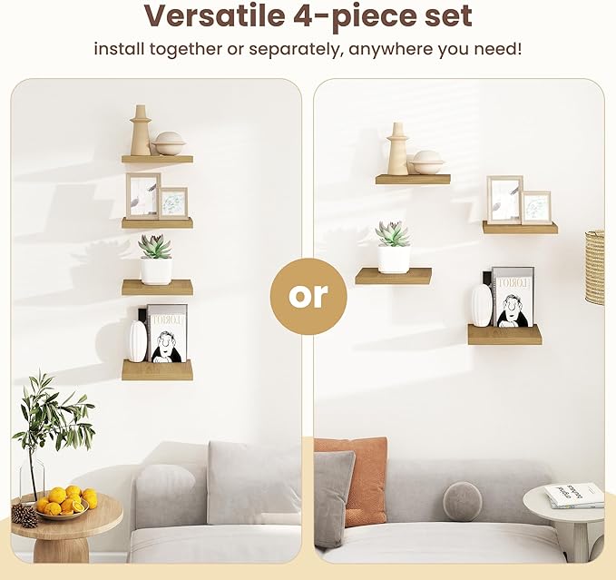 Fun Memories Square Floating Shelves for Wall - 9.3 Inch Deep Floating Shelves with Invisible Brackets, Oak Small Wall Shelf for Living Room, Bathroom, Bedroom, and Kitchen Decor，Set of 4