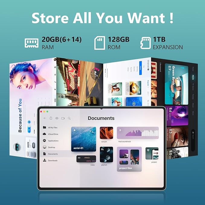 11 inch Tablet, Android 15 Tablet 20GB RAM +128GB ROM+1TB Expand, Octa Core Processor 8000mAh Battery, 1920x1200 IPS Touch Screen, 5+8MP Dual HD Camera, 5G WiFi , Widevine L1, Matel Green with Case
