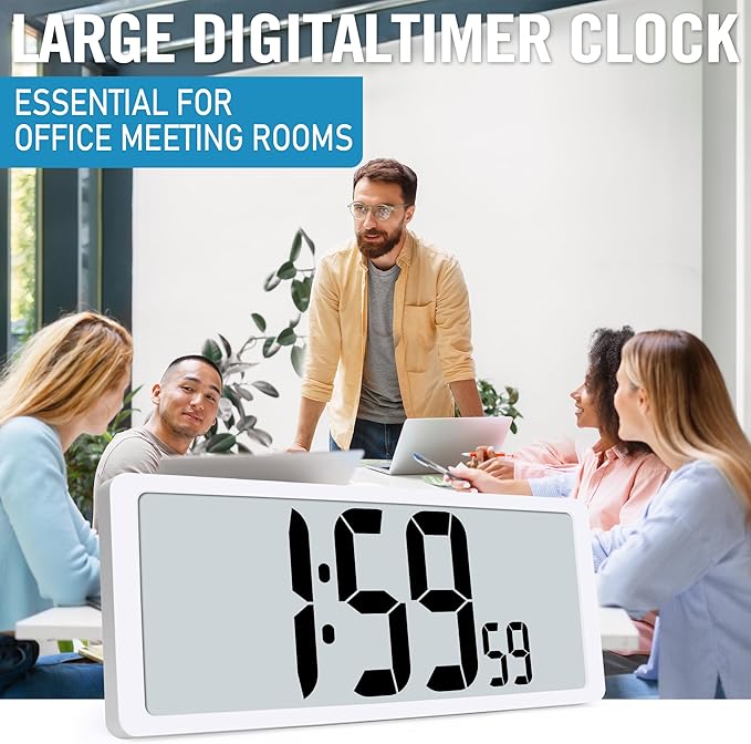 TXL Rechargeable Atomic Clock with Backlight, 14.2" Large Display Digital Wall Clock Battery Operated with Day, Date & Temperature, Large Wall Clock for Bedroom, Livingroom, Office（White）
