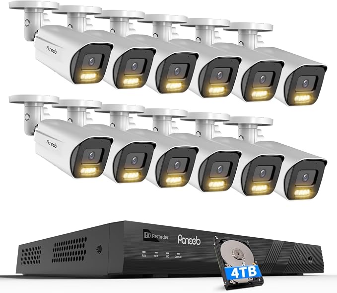 4K Security Camera System 16 Channel 4TB HDD, 12 8MP PoE Commercial IP Bullet Cameras with Spotlight Color Night Vision, 2 Way Audio, AI Human Vehicle Detection, Remote Access, PB65A1216-8MD