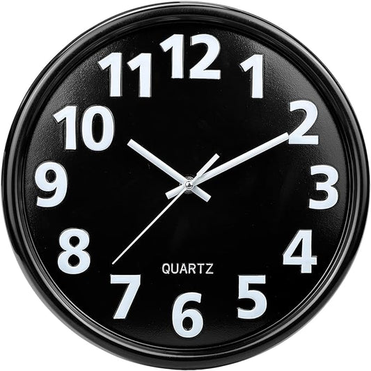 Plumeet 12'' Wall Clock, Battery Operated Wall Clocks Silent Non-Ticking Quartz, Modern Style Suitable for Bedroom Living Room Office Decor - 3D Numbers Display Easy to Read, Black