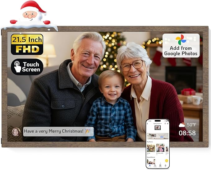 NexFoto 21.5 Inch Digital Photo FrameTouchscreen, Large Digital Picture Frame 64GB, Add Pics from Google Photos, Upload Videos via APP/USB Instantly, Gifts for Christmas/Mom/Grandparents, Dark Wood