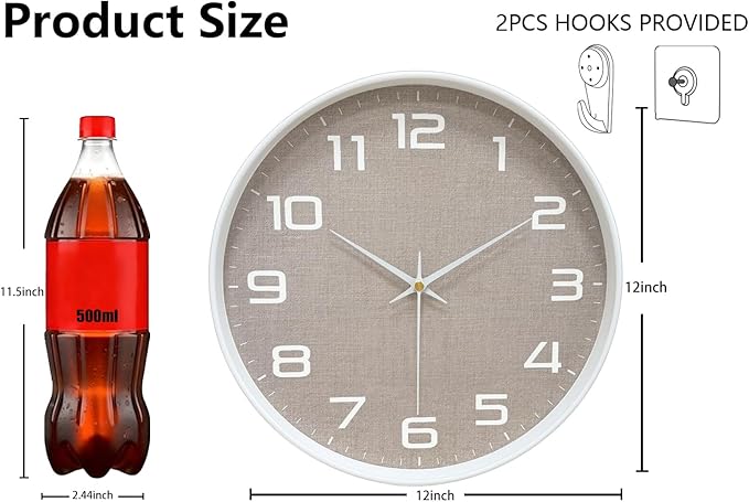 Modern Wall Clocks Battery Operated, 12 inch Silent Non Ticking Analog Clock with Large Numbers Burlap Texture Face, Tempered Glass Decorative Wall Clocks for Living Room Bedroom Kitchen Gym