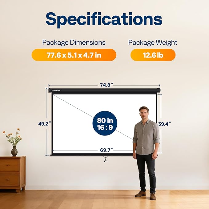 VIVOHOME 80 Inch 16:9 Pull Down Projector Screen, HD 4K Retractable Movie Screen for Indoor Home Theater and Office, Manual Projection Screen with Auto Locking (70Wx40H Inch Display Area)
