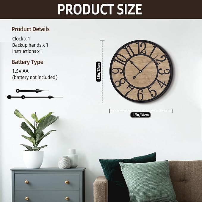 Maxstar Wall Clock for Living Room,Metal & Wood Silent Rustic Farmhouse with Arabic Numeral, Battery Operated Wall Clocks Decorative for Bedroom Office Home Decor 13inch Black