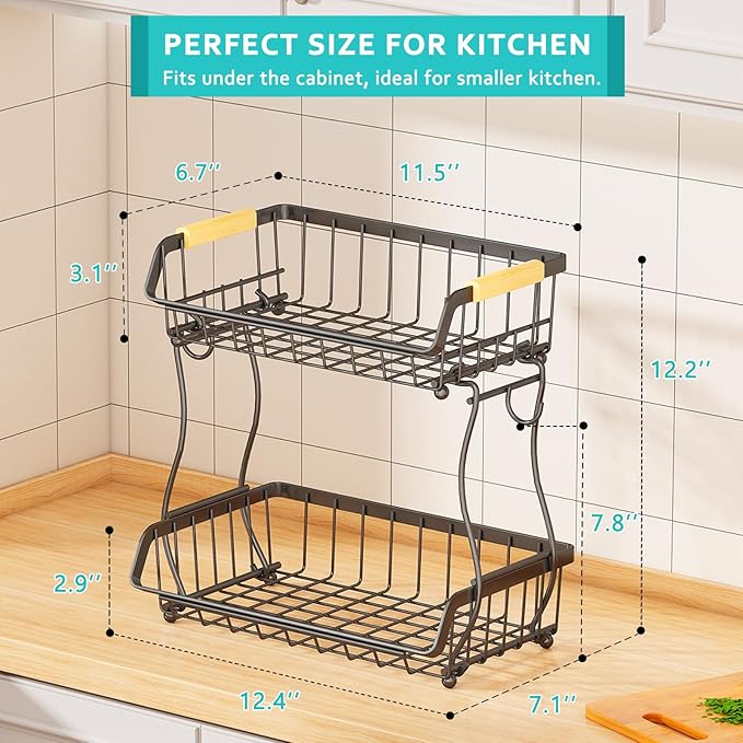 2 Tier Fruit Basket with 2 Banana Hangers, Detachable Countertop Fruit Bowls for Kitchen Counter, Metal Wire Fruit Vegetable Storage Holder Stand with Wooden Handles for Bread, Snacks, Veggies