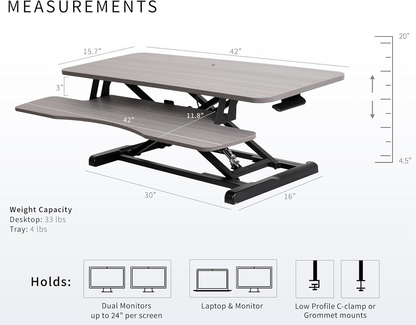 VIVO 42 inch Desk Converter, K Series, Height Adjustable Sit to Stand Riser, Dual Monitor and Laptop Workstation with Wide Keyboard Tray, Gray Top, Black Frame, DESK-V042KG