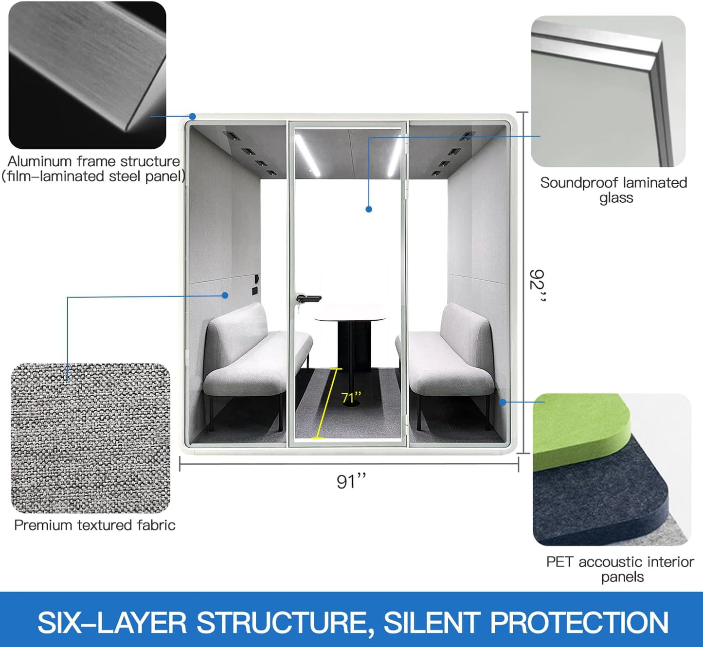 Soundproof Office Pod Booth, Quiet Meeting Pod with Acoustic Panels, Portable Modular Pod, Privacy Booth for Private Phone Calling, 4 People Personal Workspace with Sound Isolation H92in W91in D71in