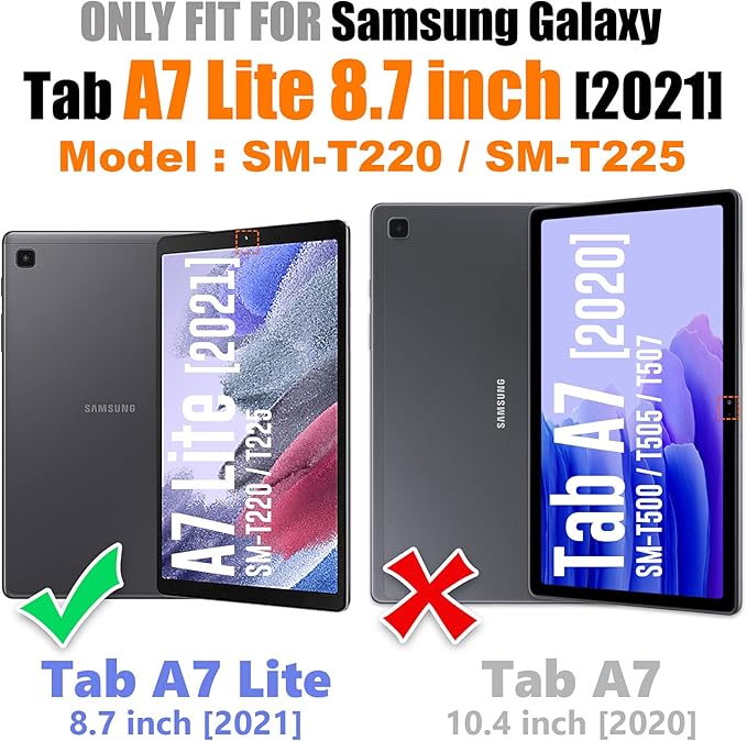SEYMAC stock Case for Samsung Galaxy Tab A7 Lite 8.7'' with Screen Protector Pencil Holder [360 Rotating Hand Strap] &Stand, Drop-Proof Case for Samsung A7 Lite 2021 SM-T220/T225/T227, Orange/Black