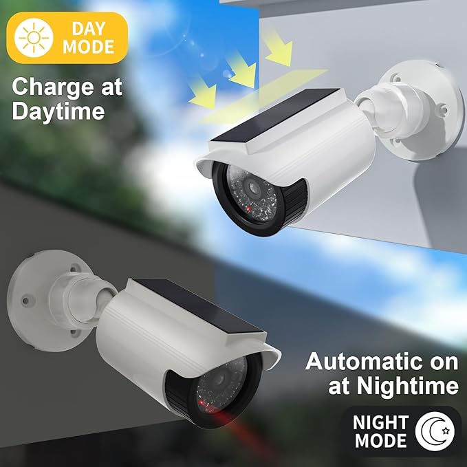 WALI Fake Dummy Camera, Solar Powered Fake Security Camera with LED Light, for Inside Outside Decoy Simulated Surveillance Security CCTV Dome Cameras with Warning Sticker (SOLTC-W4), 4 Packs, White