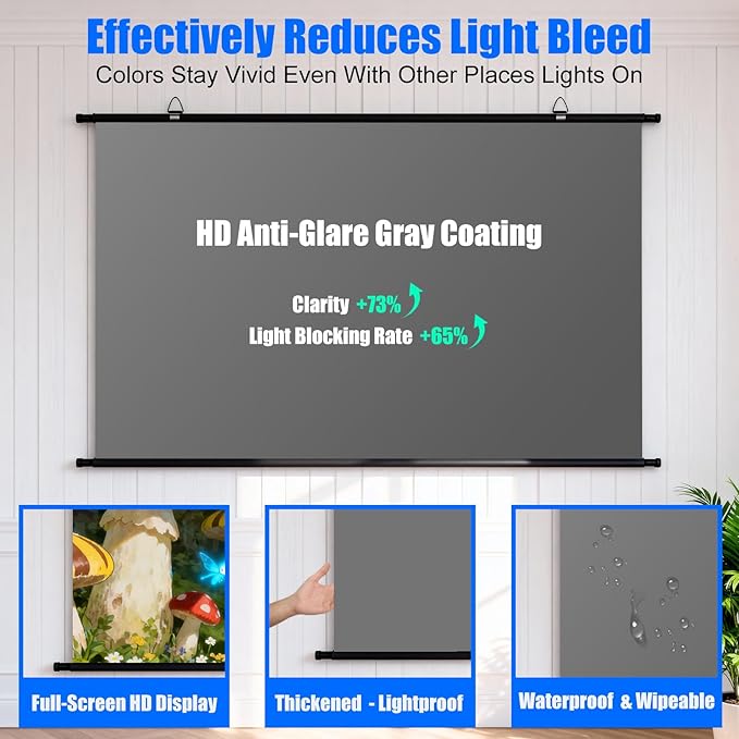110 inch Projector Screen, XIAOHUI Portable Movie Projector Screen for Outdoor Indoor with 3 pcs Adhesive Hook, 4K Hanging Projection Screen for Room Wall, No Drilling, Anti-Glare Coating, 16:9 HD