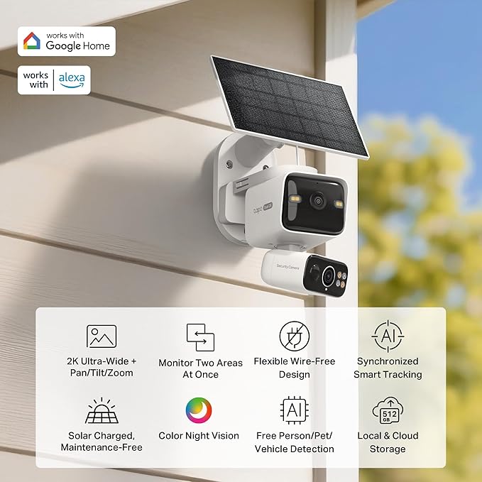 Tapo 2K Dual Lens Pan/Tilt Security Battery Camera Wiress w/Solar Panel, 165° Wide-Angle + 6mm Telephoto, Free Person/Vehicle Detection, 360° Pan, SD/Cloud Storage, Works w/Alexa & Google, C645D KIT