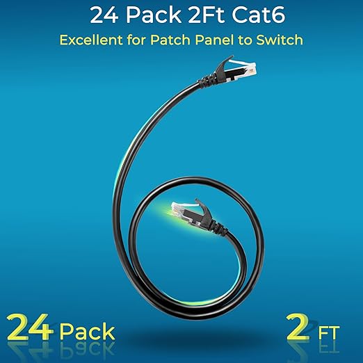 Rapink Patch Cables Cat6 2ft (24 Pack), Ethernet Patch Cable 10G, Cat 6 Patch Cable for Patch Panel to Switch, Flexiable Cat 6 Ethernet Cable with Gold Plated Black