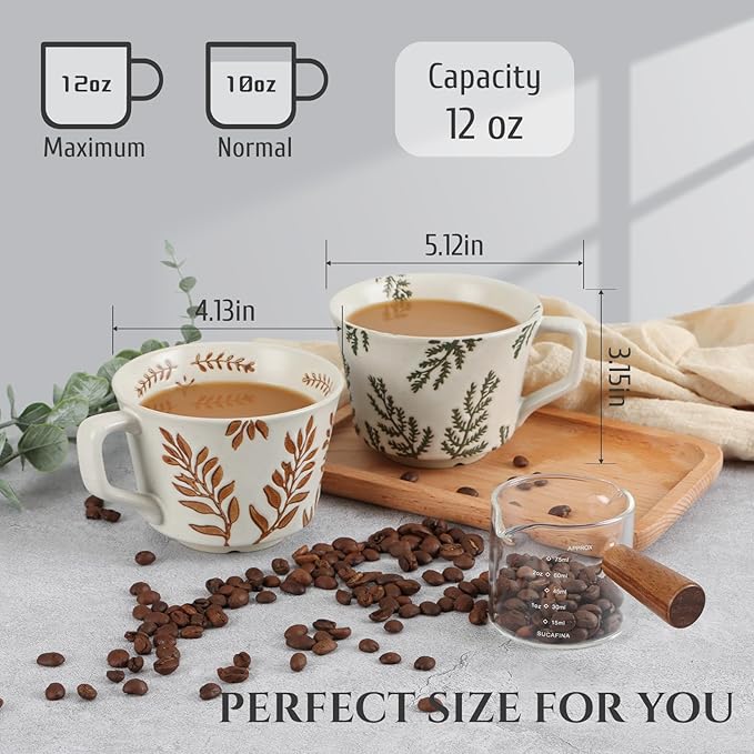 Ceramic Coffee Mug, 12 oz Novelty Unique Teacup with Large Handle, Stoneware Cup for Tea Mocha Latte Cappuccino Espresso (Set of 2, Butterfly and Ivy)